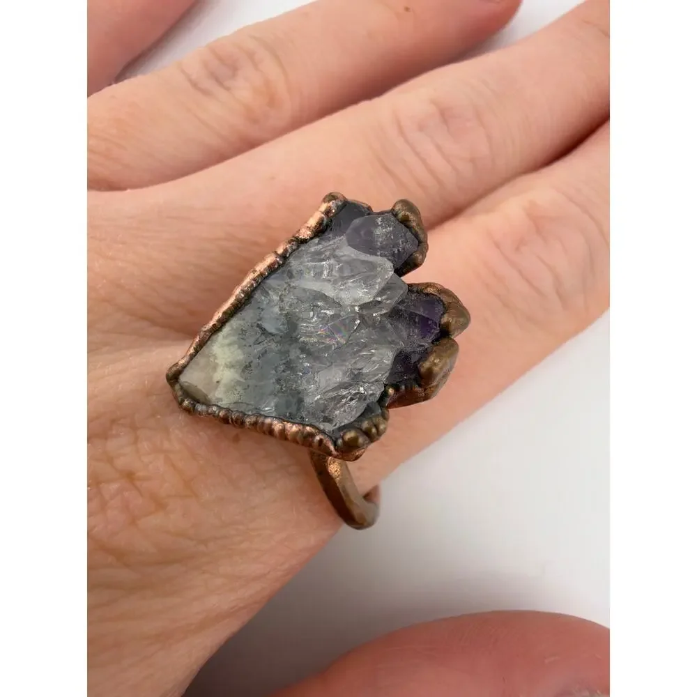 One of a Kind Electroformed Copper Multicolored Mineral Ring Size 8.5